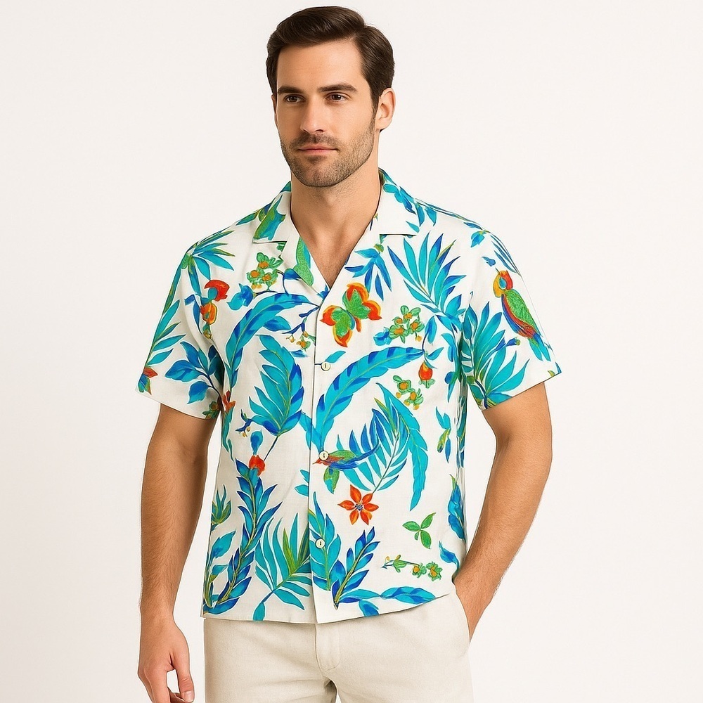 Mr. Witt Hawaiian Shirt Cotton Parrot Print Vacationcore Camp XL White